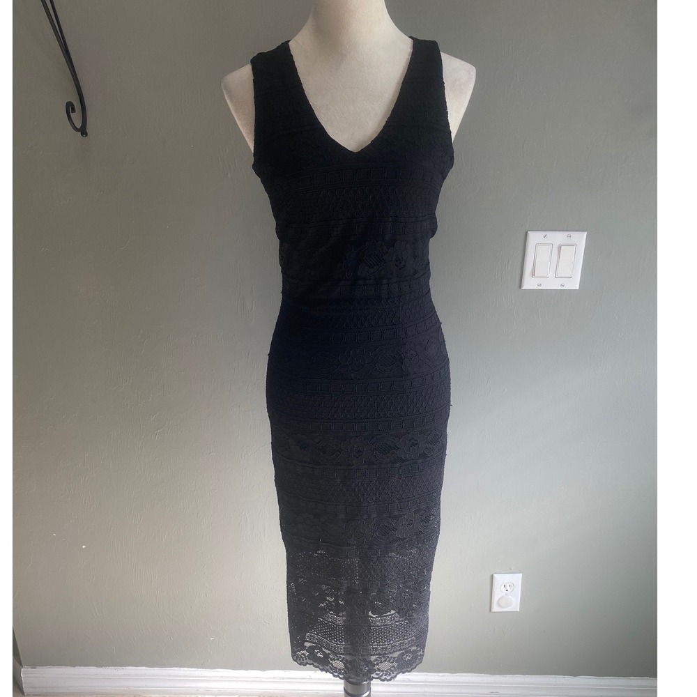 HM Womens Black Lace Sleeveless V-Neck Midi Sheath Dress Size XS Cocktail Event